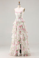 Load image into Gallery viewer, Pink Floral A Line Ruffled Long Corset Prom Dress with Slit
