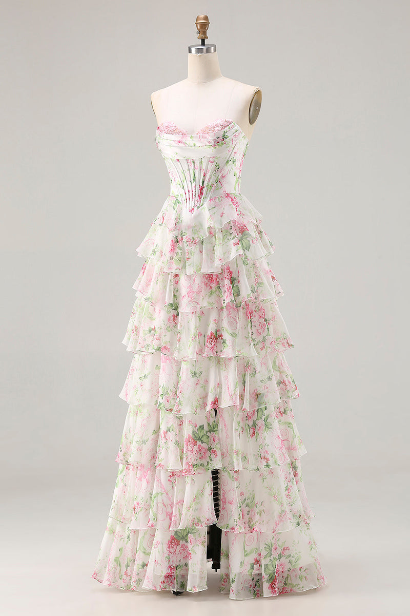 Load image into Gallery viewer, Pink Floral A Line Ruffled Long Corset Prom Dress with Slit