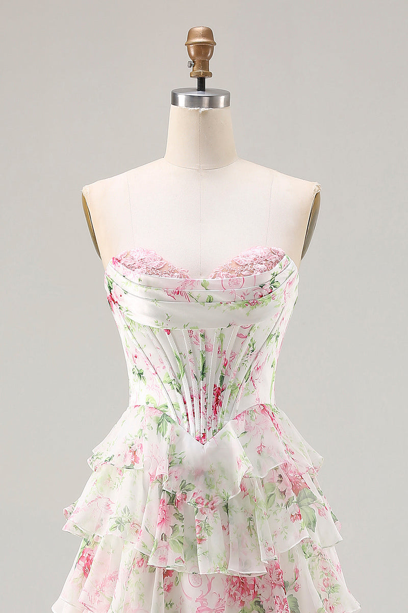 Load image into Gallery viewer, Pink Floral A Line Ruffled Long Corset Prom Dress with Slit