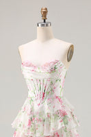 Load image into Gallery viewer, Pink Floral A Line Ruffled Long Corset Prom Dress with Slit