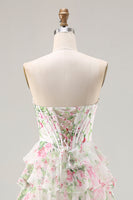 Load image into Gallery viewer, Pink Floral A Line Ruffled Long Corset Prom Dress with Slit