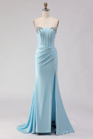 Load image into Gallery viewer, Sparkly Sky Blue Ruched Beaded Long Corset Prom Dress with Slit
