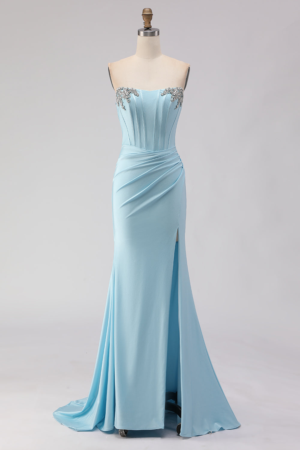 Sparkly Sky Blue Ruched Beaded Long Corset Prom Dress with Slit