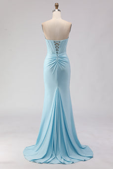 Sparkly Sky Blue Ruched Beaded Long Corset Prom Dress with Slit