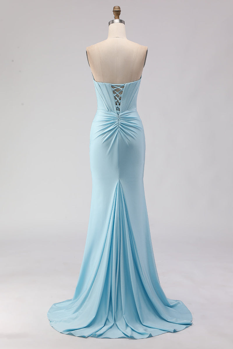 Load image into Gallery viewer, Sparkly Sky Blue Ruched Beaded Long Corset Prom Dress with Slit