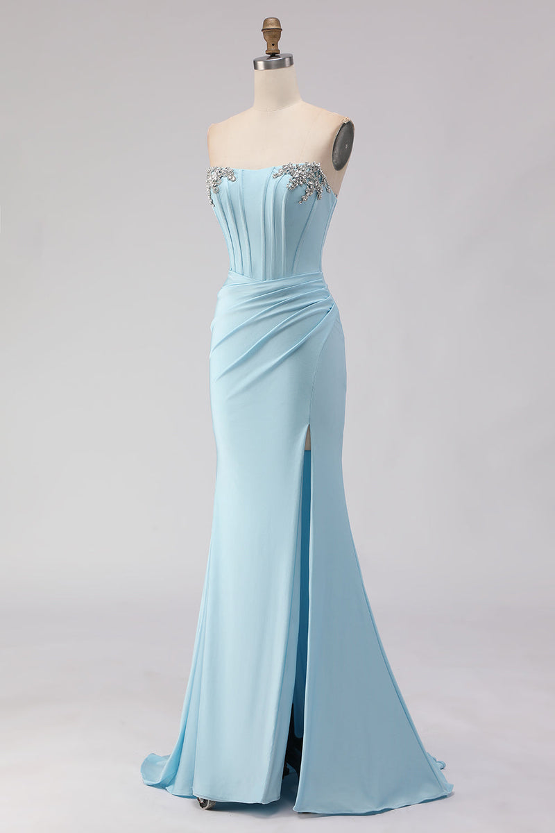 Load image into Gallery viewer, Sparkly Sky Blue Ruched Beaded Long Corset Prom Dress with Slit