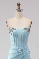 Load image into Gallery viewer, Sparkly Sky Blue Ruched Beaded Long Corset Prom Dress with Slit