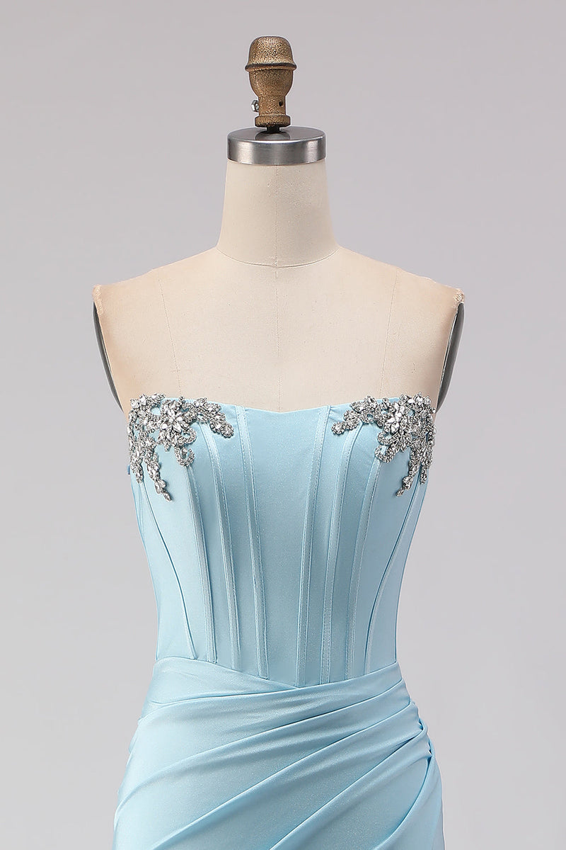 Load image into Gallery viewer, Sparkly Sky Blue Ruched Beaded Long Corset Prom Dress with Slit