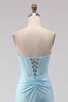 Load image into Gallery viewer, Sparkly Sky Blue Ruched Beaded Long Corset Prom Dress with Slit