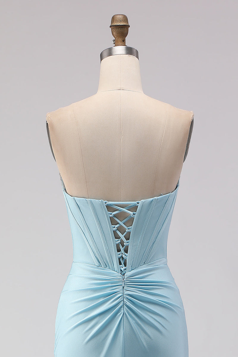Load image into Gallery viewer, Sparkly Sky Blue Ruched Beaded Long Corset Prom Dress with Slit