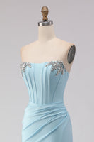 Load image into Gallery viewer, Sparkly Sky Blue Ruched Beaded Long Corset Prom Dress with Slit