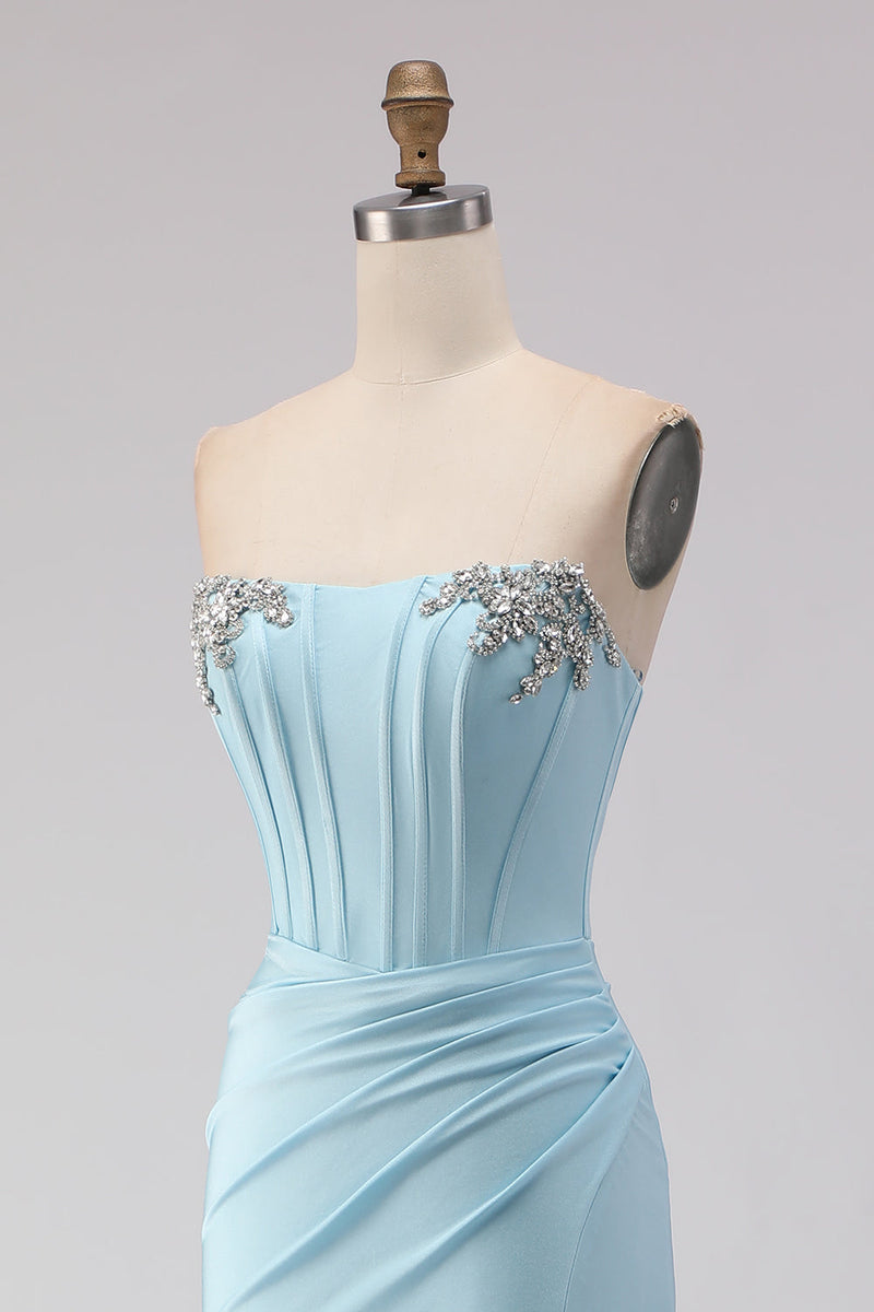 Load image into Gallery viewer, Sparkly Sky Blue Ruched Beaded Long Corset Prom Dress with Slit