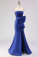 Load image into Gallery viewer, Royal Blue Strapless Mermaid Satin Long Prom Dress with Slit