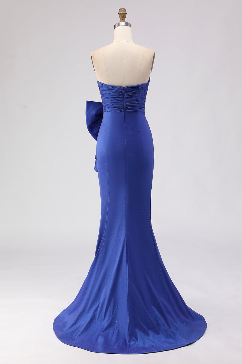 Load image into Gallery viewer, Royal Blue Strapless Mermaid Satin Long Prom Dress with Slit