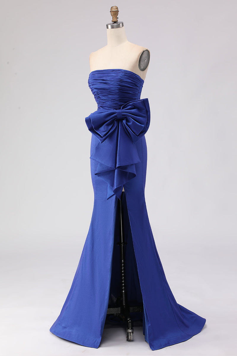Load image into Gallery viewer, Royal Blue Strapless Mermaid Satin Long Prom Dress with Slit