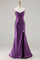 Load image into Gallery viewer, Sparkly Dark Purple Mermaid Beaded Long Corset Prom Dress with Slit