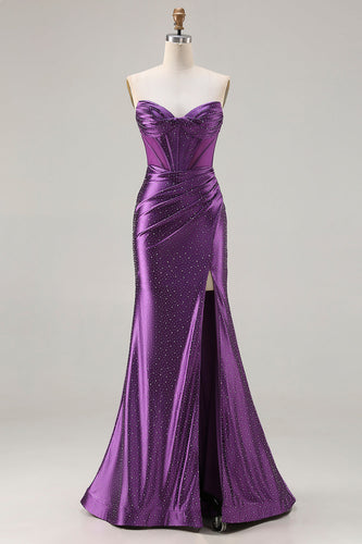 Sparkly Dark Purple Mermaid Beaded Long Corset Prom Dress with Slit