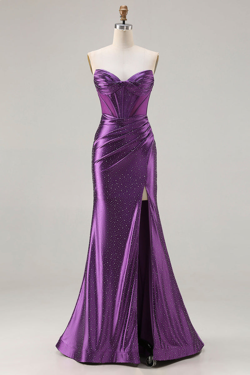 Load image into Gallery viewer, Sparkly Dark Purple Mermaid Beaded Long Corset Prom Dress with Slit