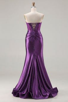 Sparkly Dark Purple Mermaid Beaded Long Corset Prom Dress with Slit