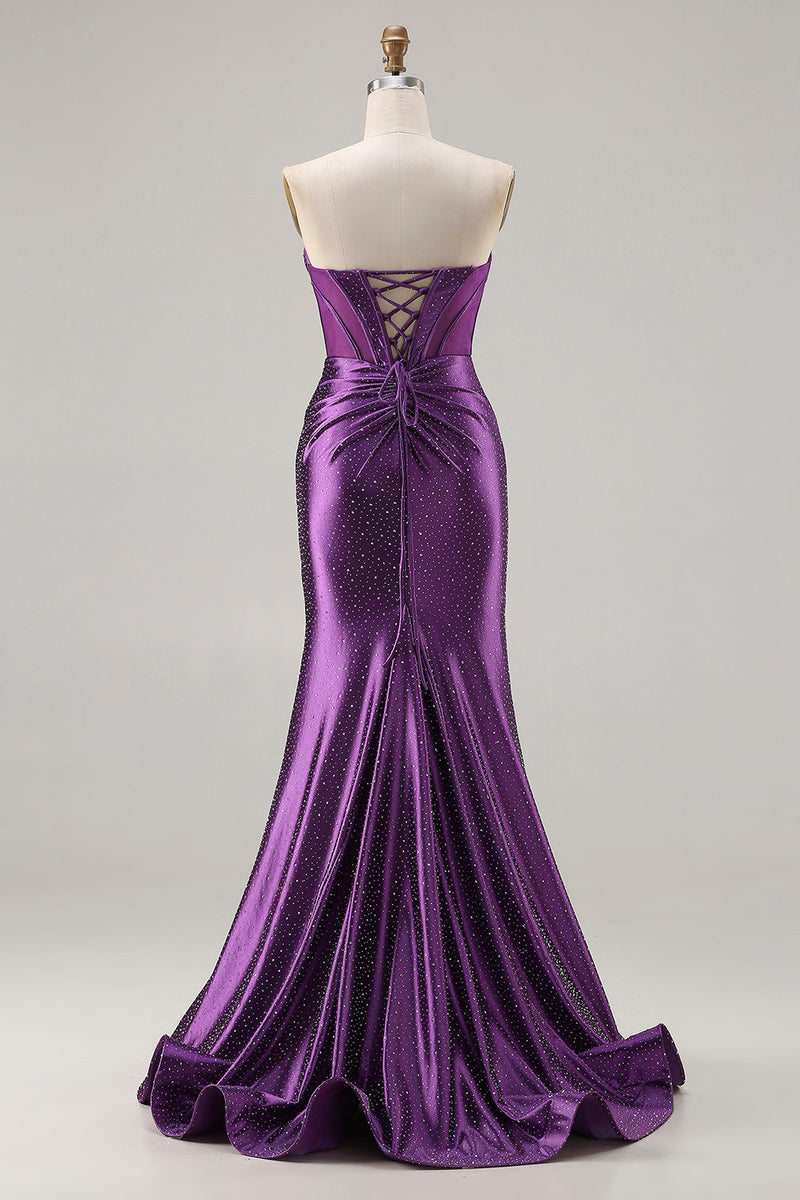 Load image into Gallery viewer, Sparkly Dark Purple Mermaid Beaded Long Corset Prom Dress with Slit