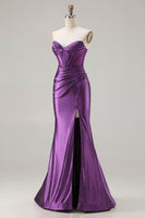 Load image into Gallery viewer, Sparkly Dark Purple Mermaid Beaded Long Corset Prom Dress with Slit