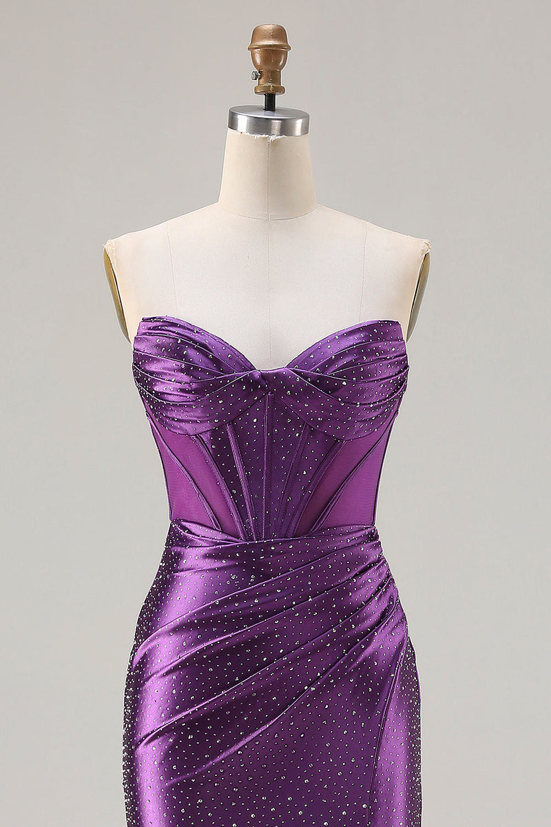 Load image into Gallery viewer, Sparkly Dark Purple Mermaid Beaded Long Corset Prom Dress with Slit