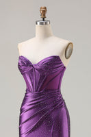 Load image into Gallery viewer, Sparkly Dark Purple Mermaid Beaded Long Corset Prom Dress with Slit