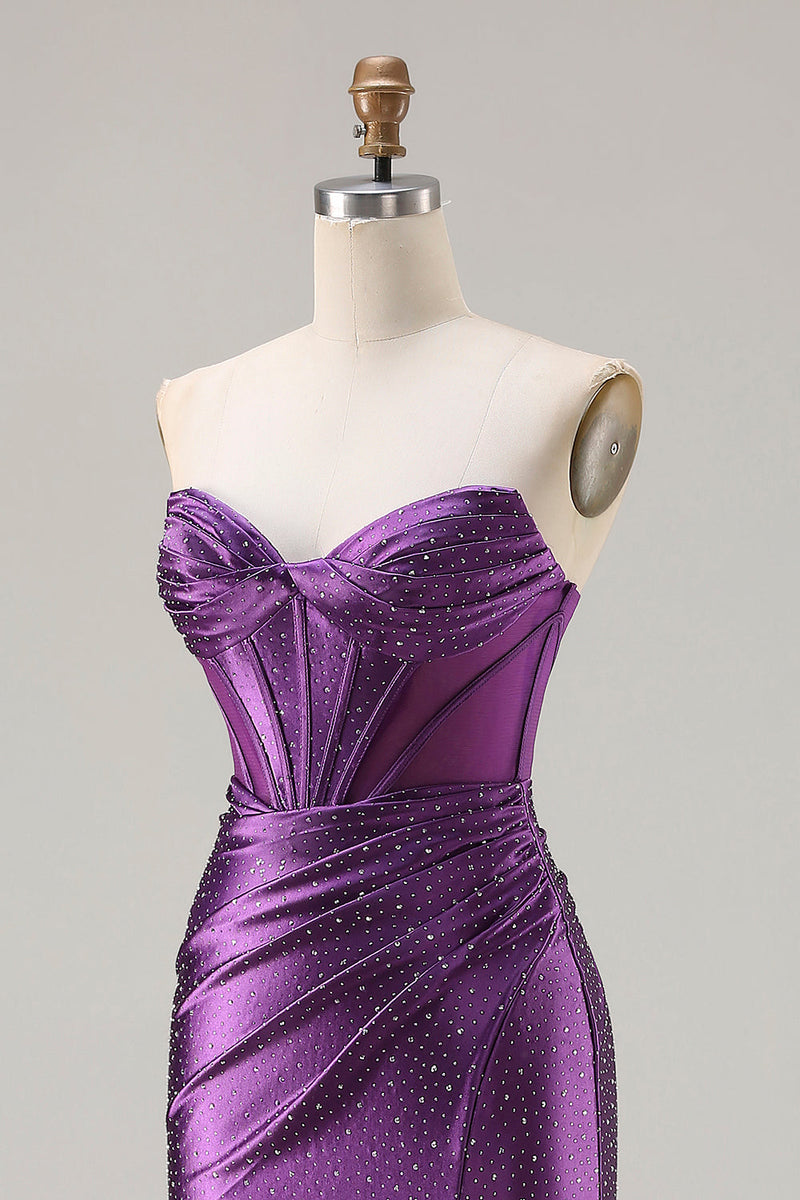 Load image into Gallery viewer, Sparkly Dark Purple Mermaid Beaded Long Corset Prom Dress with Slit