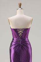 Load image into Gallery viewer, Sparkly Dark Purple Mermaid Beaded Long Corset Prom Dress with Slit