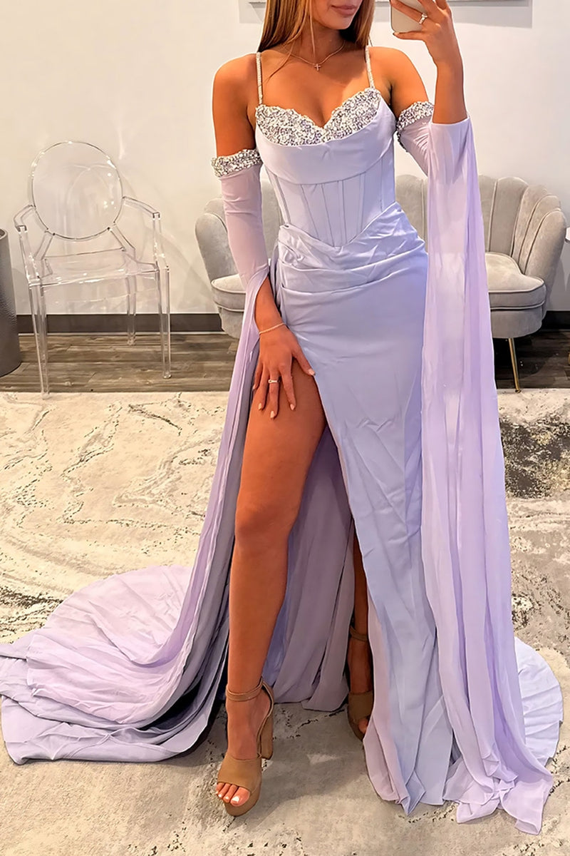 Load image into Gallery viewer, Sparkly Lilac Mermaid Spaghetti Straps Long Corset Prom Dress with Cape