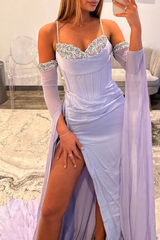 Sparkly Lilac Mermaid Spaghetti Straps Long Corset Prom Dress with Cape