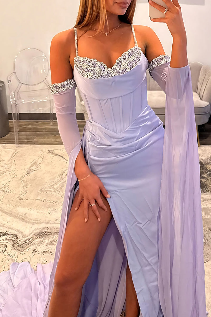 Load image into Gallery viewer, Sparkly Lilac Mermaid Spaghetti Straps Long Corset Prom Dress with Cape