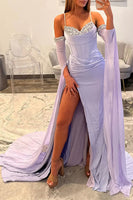 Load image into Gallery viewer, Sparkly Lilac Mermaid Spaghetti Straps Long Corset Prom Dress with Cape