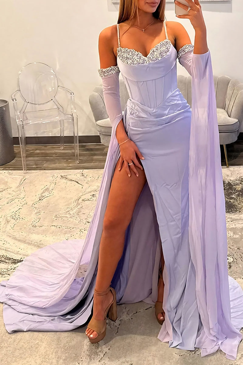 Load image into Gallery viewer, Sparkly Lilac Mermaid Spaghetti Straps Long Corset Prom Dress with Cape