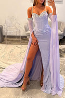 Load image into Gallery viewer, Sparkly Lilac Mermaid Spaghetti Straps Long Corset Prom Dress with Cape