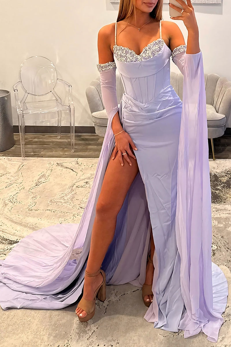 Load image into Gallery viewer, Sparkly Lilac Mermaid Spaghetti Straps Long Corset Prom Dress with Cape