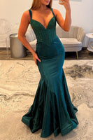 Load image into Gallery viewer, Sparkly Dark Green Mermaid Long Corset Prom Dress with Beadings