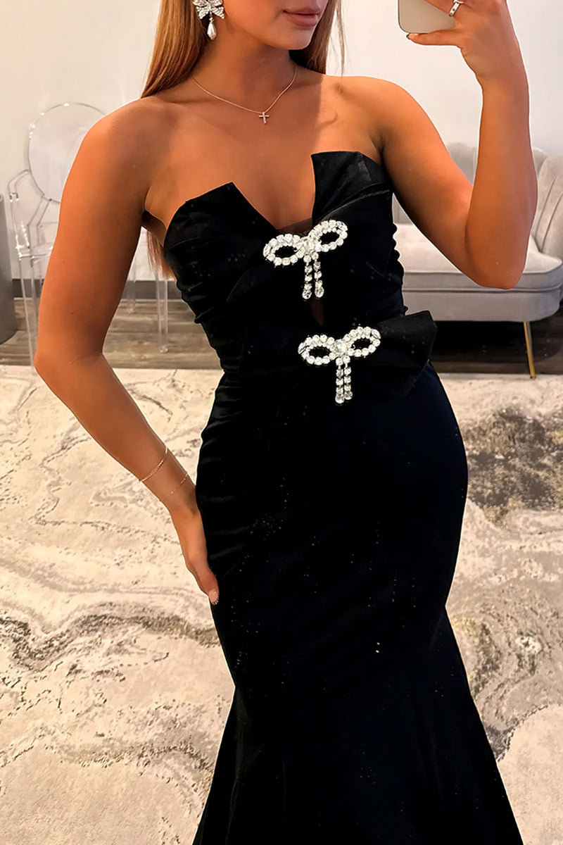 Load image into Gallery viewer, Sparkly Black Mermaid Strapless Long Prom Dress with Bow
