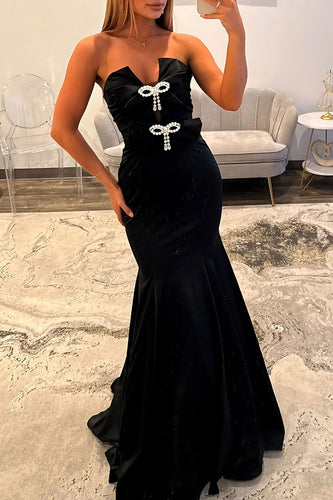 Sparkly Black Mermaid Strapless Long Prom Dress with Bow