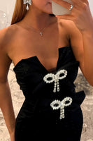 Load image into Gallery viewer, Sparkly Black Mermaid Strapless Long Prom Dress with Bow