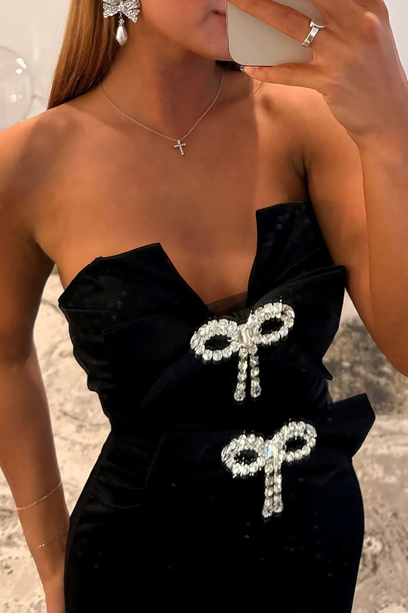 Load image into Gallery viewer, Sparkly Black Mermaid Strapless Long Prom Dress with Bow