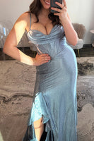 Load image into Gallery viewer, Sparkly Emerald Green Mermaid Spaghetti Straps Long Prom Dress with Slit