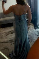 Load image into Gallery viewer, Sparkly Emerald Green Mermaid Spaghetti Straps Long Prom Dress with Slit