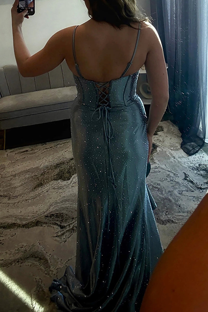 Load image into Gallery viewer, Sparkly Emerald Green Mermaid Spaghetti Straps Long Prom Dress with Slit