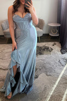Load image into Gallery viewer, Sparkly Emerald Green Mermaid Spaghetti Straps Long Prom Dress with Slit