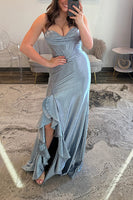 Load image into Gallery viewer, Sparkly Emerald Green Mermaid Spaghetti Straps Long Prom Dress with Slit