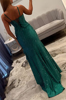 Load image into Gallery viewer, Sparkly Emerald Green Mermaid Spaghetti Straps Long Prom Dress with Slit