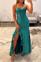 Load image into Gallery viewer, Sparkly Emerald Green Mermaid Spaghetti Straps Long Prom Dress with Slit