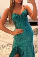 Load image into Gallery viewer, Sparkly Emerald Green Mermaid Spaghetti Straps Long Prom Dress with Slit
