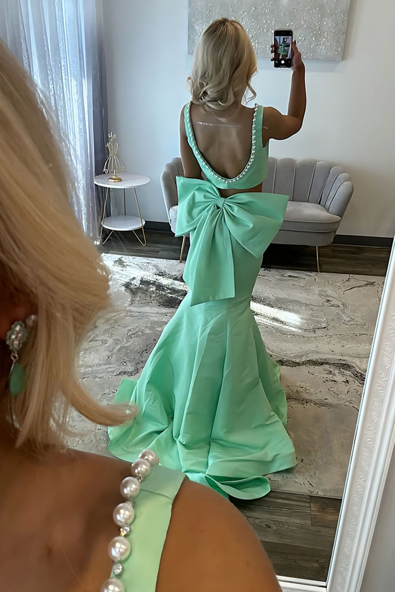 Load image into Gallery viewer, Green Mermaid 2 Piece Long Prom Dress with Bow
